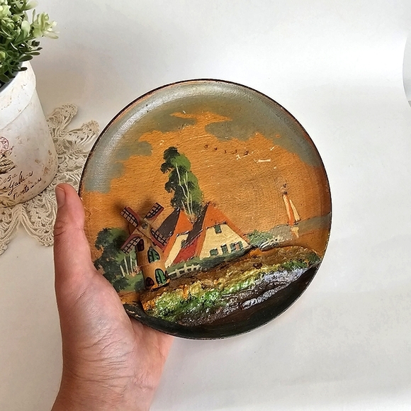 Vintage Unique Wooden Hand Carved 3D Holland Movable Windmill Decorative Plate - Picture 3 of 11